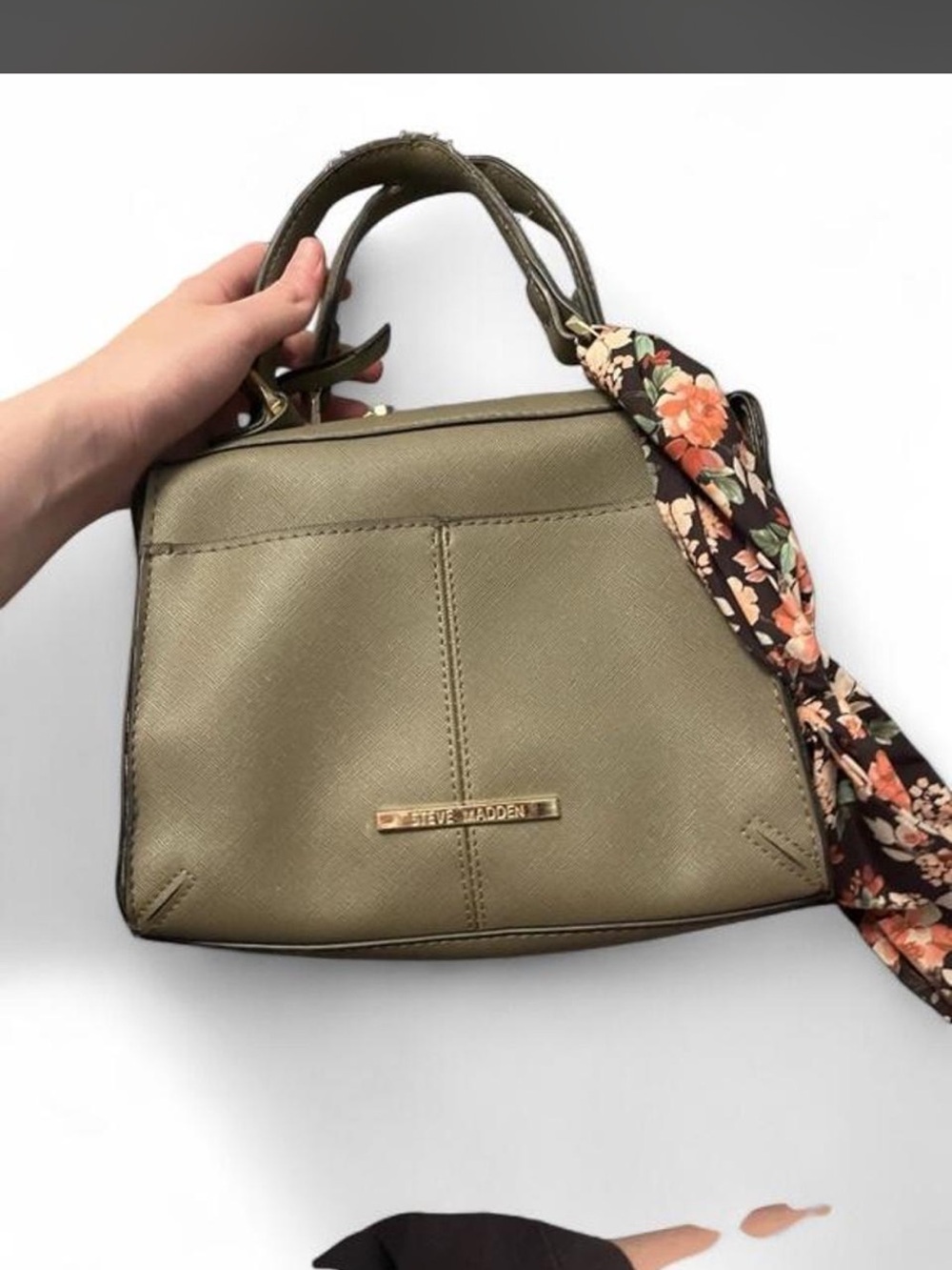 Steve Madden Olive Green Top-Handle Satchel with Floral Scarf Accent